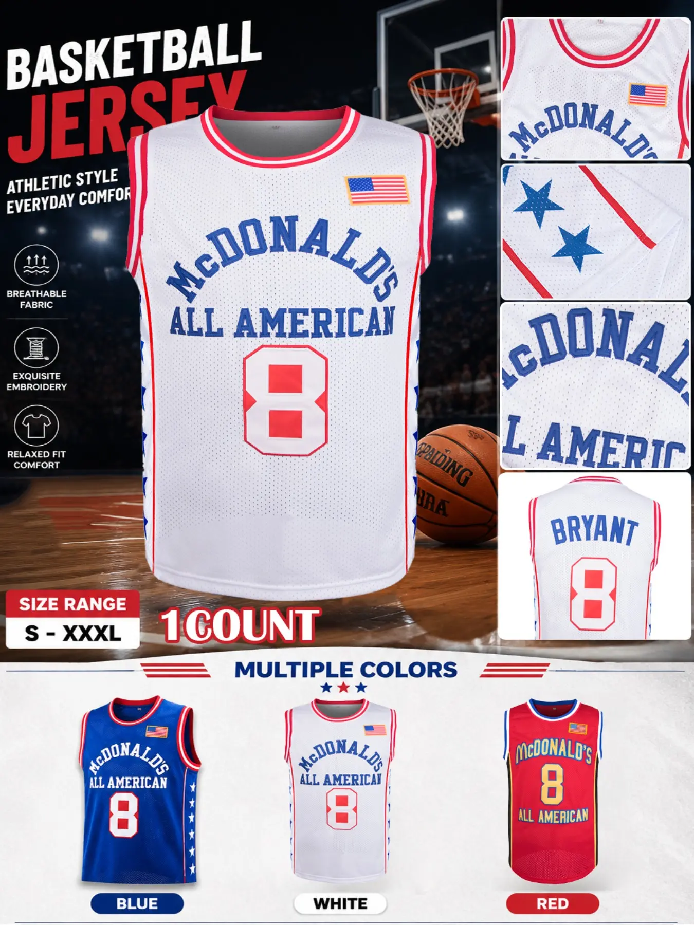 Men's Kobe Bryant & Letter Print Basketball Jersey, Star Jerseys, Loose Casual Breathable Sleeveless V Neck American Flag Basketball Vest, Basketball Jerseys for Men, Breathable Sports Jersey, Breathable Athletic Top