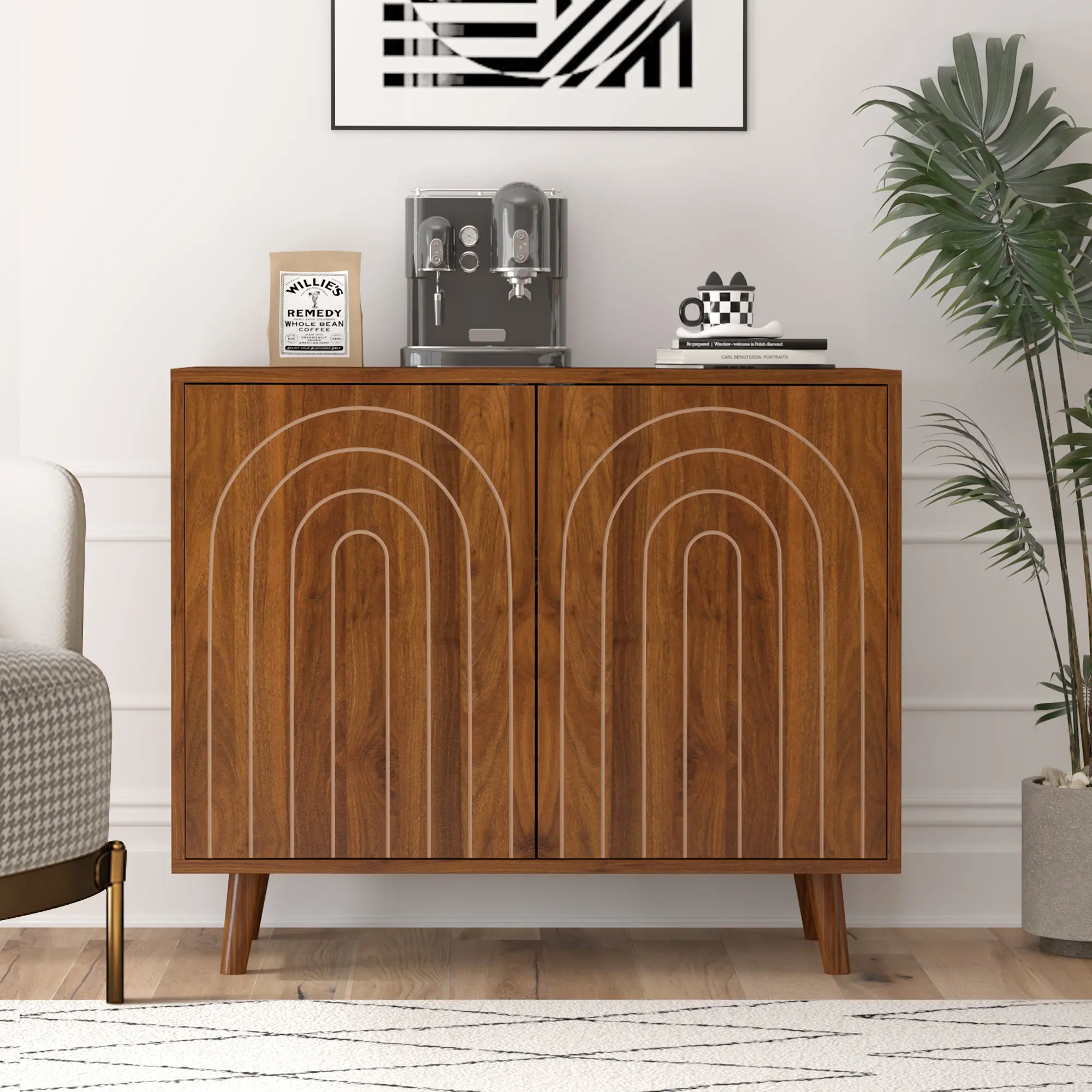 Giratree Accent Cabinet with Carving Lines, Modern Buffet Sideboard with Adjustable Shelves, Decorative Storage Cabinets for Bedroom Living Room Kitchen Office and Hallway