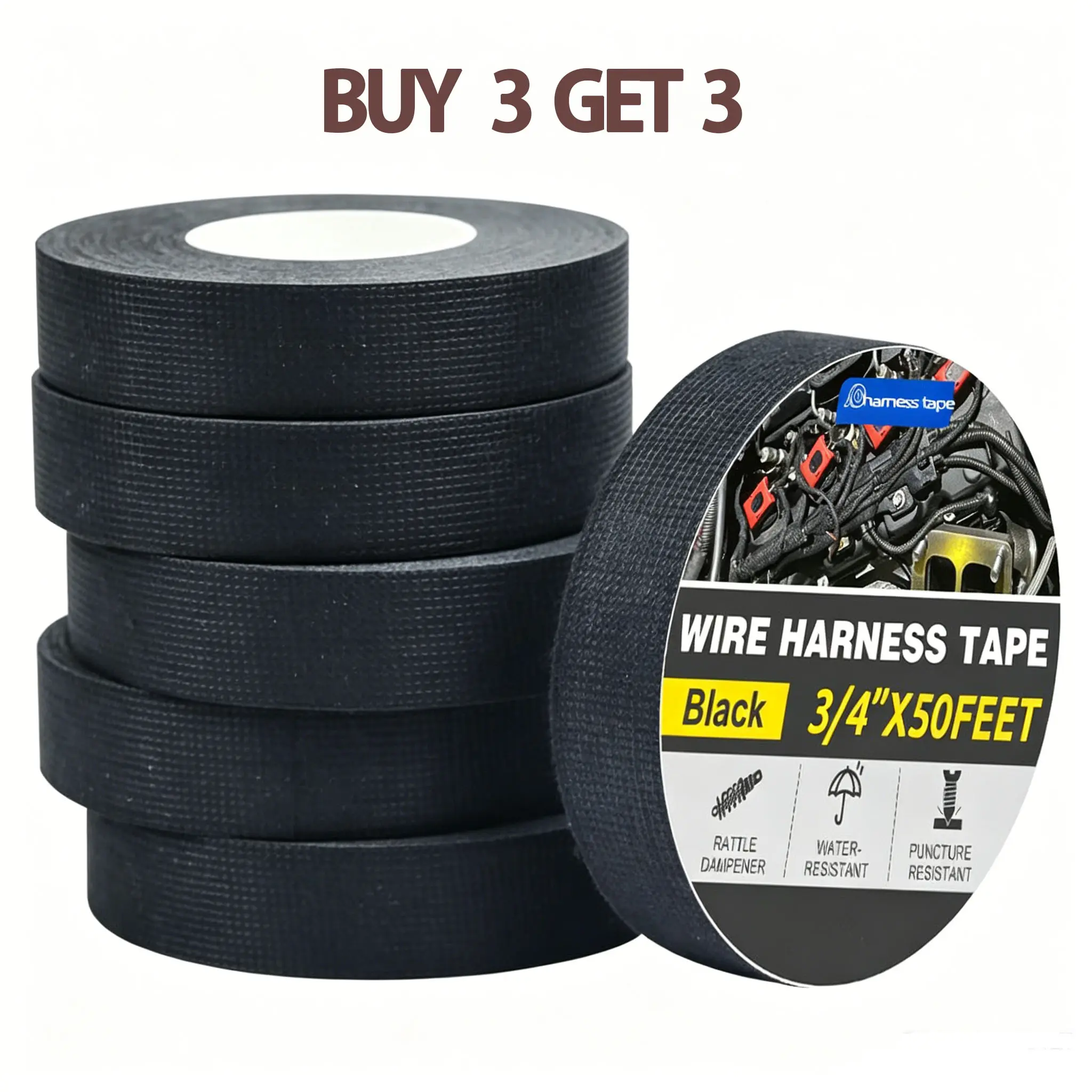 Wire Harness Tape High Temp Self Adhesive Fabric Tape for Automotive Wiring Harness Wrap Sound Damping Heat Proof(0.74 Inchx 50 FT)
