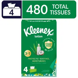 Kleenex Lotion Facial Tissues with Coconut Oil, 4 Flat Boxes, 120 Tissues Per Box, 3-Ply