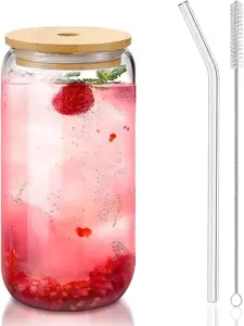 Glass Cups with Lids and Straws 1Pack,Glass Coffee Cups,Glass Cup with Lid for Iced Coffee,Smoothie,Cocktail,Beer,Whiskey,Soda,Matcha,16 Oz Glass Cup with Bamboo Lid,1 Brush