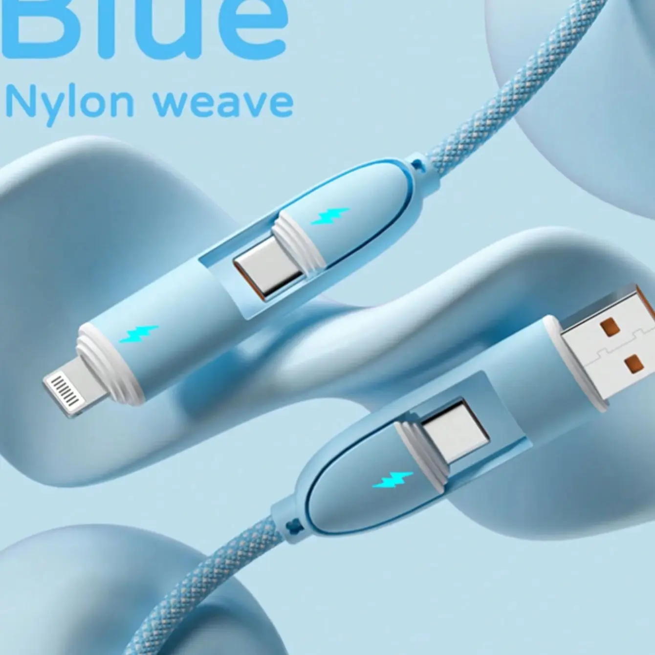 4-in-1 60W Type-C Lightning Connector Fast Charging Cable, Multi-Purpose Braided Cord for iPhone, Android, Smartwatch, Earphones, Tablets, Multifunctional Charging Cable, Fast Charging Cords