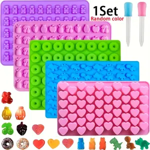 5pcs/set Gummy Bear Candy Molds Silicone, Silicone Baking Mold, Gummy Molds with 2 Droppers, Non-stick Silicone Candy Molds Including Mini Dinosaur, Bear Shape, Hearts and Mini Donut