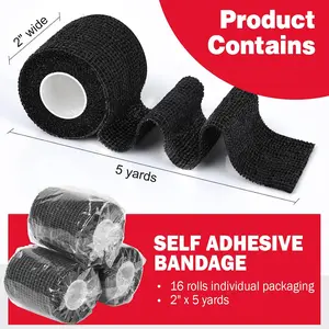 "AZEN 16 Pack Self Adhesive Bandage Wrap Black, 2"" X 5 Yards Black Athletic Tape, Vet Wrap, Tattoo Grip Tape Wrap，Ankle Tape, Cohesive Bandage Wrap "