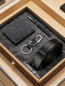 Men's PU Leather Wallet Belt Pen Keychain Gift Set, Geometric Pattern, Daily Commute Business Travel Essentials, Perfect Father's Day Present