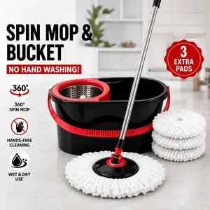 [Spin Mop And Bucket] Mop And Bucket Set, Spin Mop And Bucket System, Spin Mop Bucket, Mop, Trapeador De Piso, 360° Rotating With Stainless Steel Basket, 35"-46" Adjustable Handle