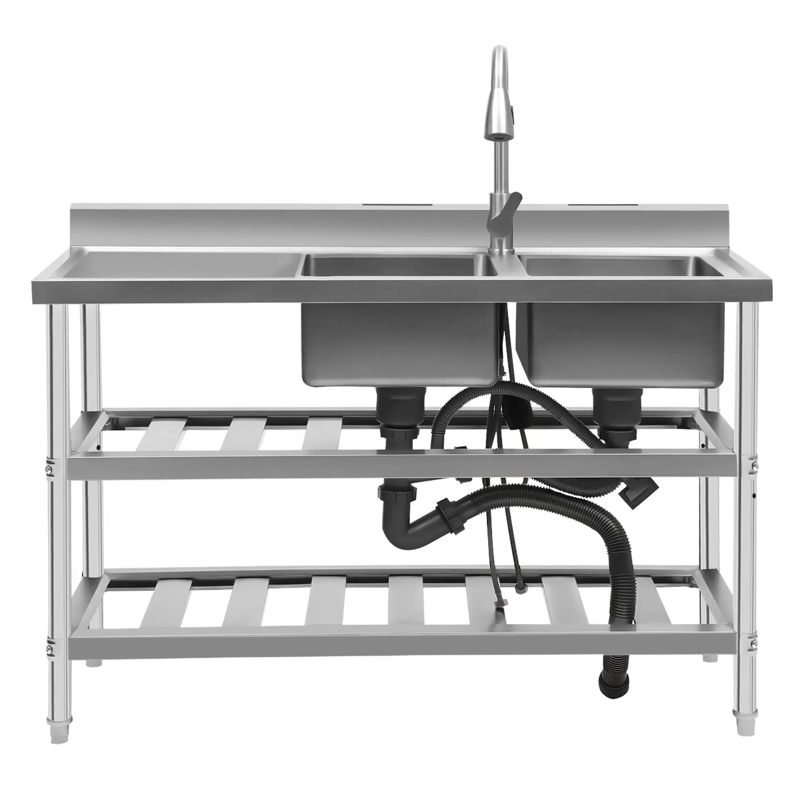 Commercial Stainless Steel 2-Basin Sink with Adjustable 3-Tier Durable Kitchen Prep Table, Foldable Faucet, Install Fixtures, Heavy-Duty 400lb Capacity for Restaurant Food Cleaning & Storage