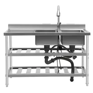 Commercial Stainless Steel Sink 2 Basin 3 Tier Kitchen Prep Table with Faucet Heavy Duty 400lb Capacity for Restaurant Food Cleaning Storage