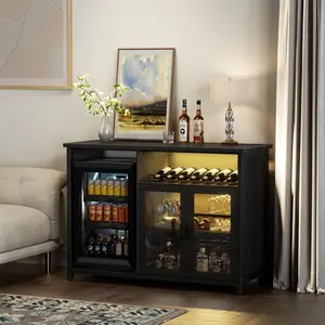 Black Wine & Coffee Bar Cabinet with Mini Fridge Space, Storage Rack, Sideboard Buffet Table for Kitchen, Dining Room, Home Bar