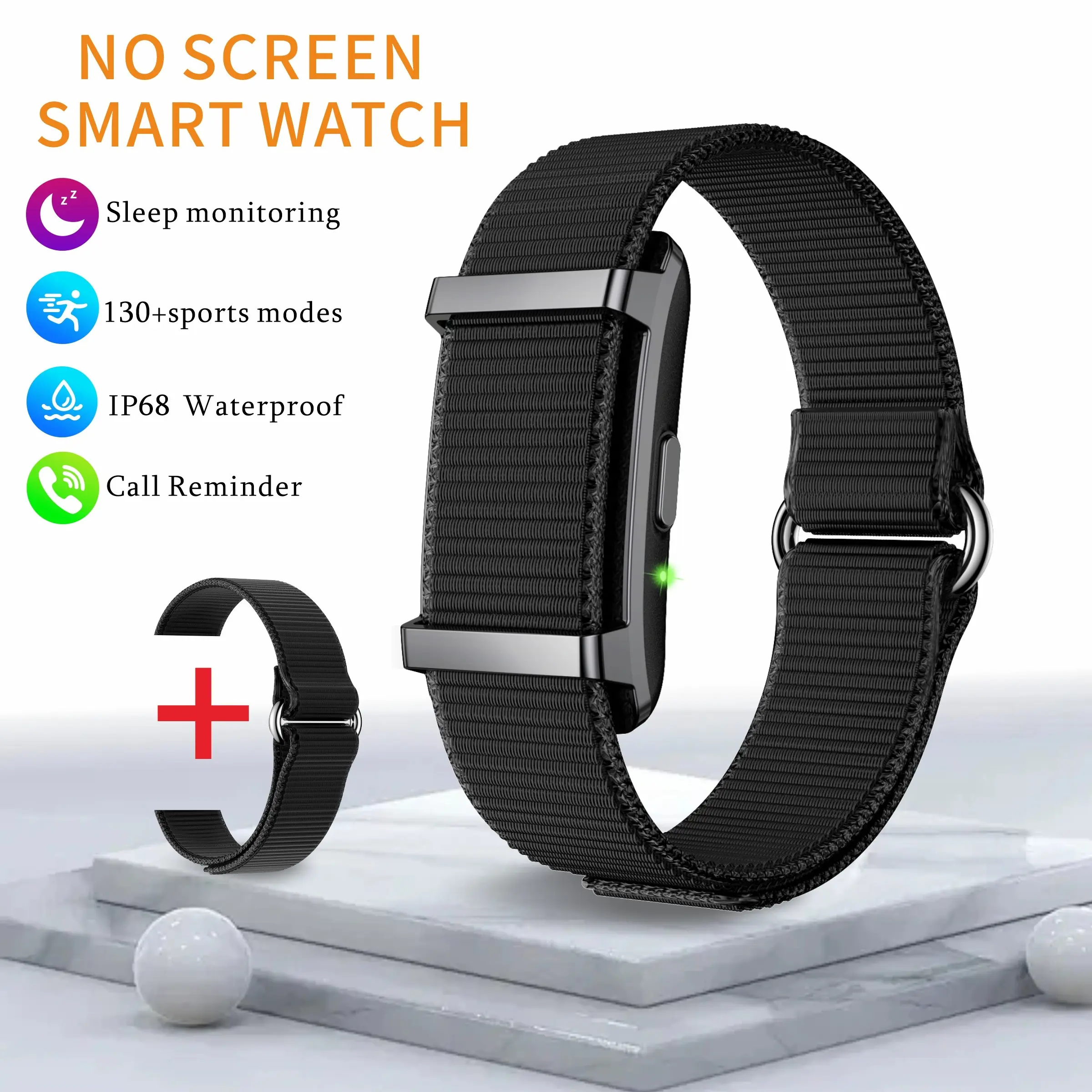 No screen sports wristband, Fitness Wearable, 175mAh battery, dual strap installation, application download, indicator light flashing reminder (message, incoming call), camera remote control, search wristband, temperature measurement