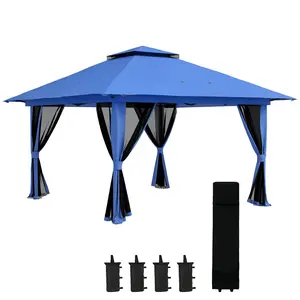 13x13ft Pop Up Gazebo – Blue, Instant Canopy Tent. 2-Tier Roof for Stability & Airflow. UV50+ Protection. Mesh Sidewalls – Bug Free. Weight Bags, Carry Bag Included