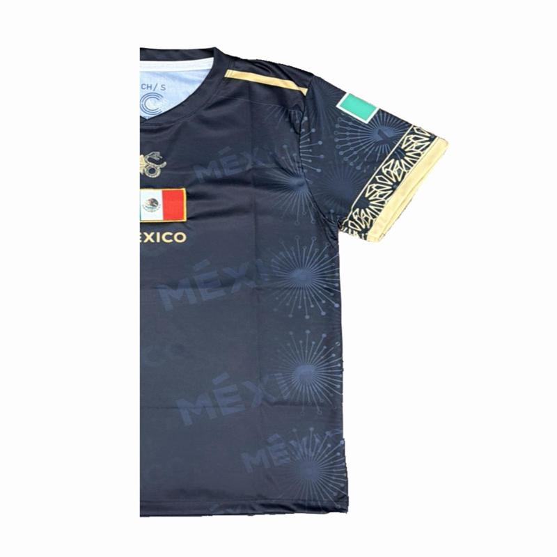 Black and gold Mexico Jersey with Traditional Design and Aztec Pattern for Sports Fans.