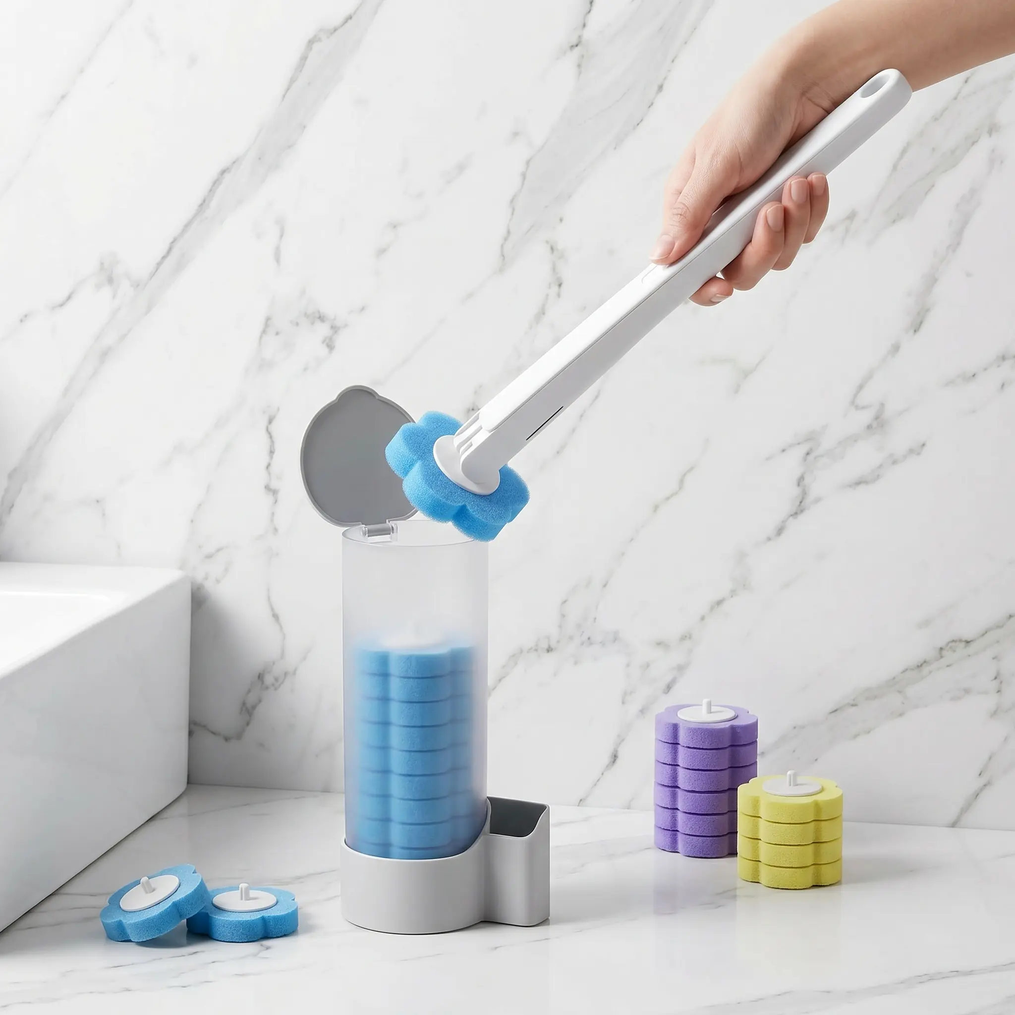Disposable Toilet Brush Set with Storage Rack & Replacement Heads – No Mess, No Bacteria. Perfect for Home, Dorm, Hotel Bathroom-YY1