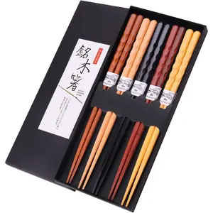 Reusable Chopsticks Japanese Natural Wooden 5 Pairs Classic Style Lightweight Hand-Carved Safe Chop Sticks 8.8 Inch/22.5cm Gift Set