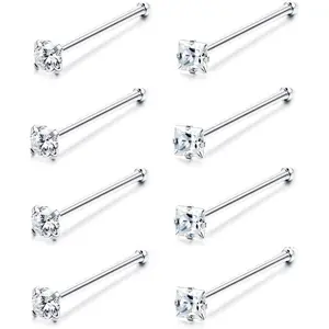 ZELORES 8PCS 20G Nose Ring Studs 316L Stainless Steel Nose Studs for Women L Shaped Bone Cubic Zirconia Nose Piercing Jewelry Round Square Shapes Nose Stud 2-3MM