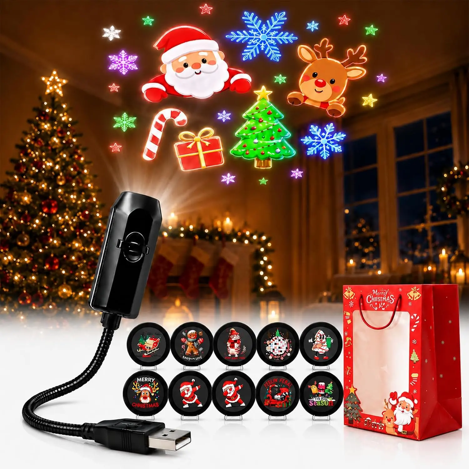 Christmas HD Projector Lights 10 Pack, 5D Holographic Night Light Projector, Plug & Play, Silent Running with Auto Shutoff, No App or WiFi Needed, Indoor Holiday Party Festive Decorations