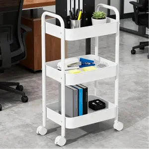 Three-layer Heavy-duty Metal Roller Cart with Lock Wheels Hooks Handles for Kitchens Bathrooms Offices Classrooms Dormitories in Pink White Ample Storage Racks