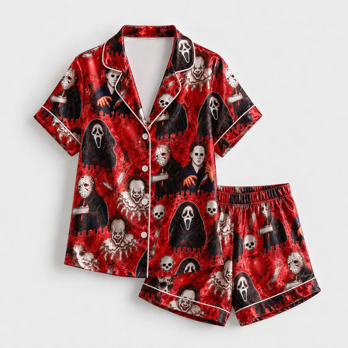 Red Slasher Horror Pajama Set, Creepy Halloween Collage Satin Sleepwear, Gothic Lounge Outfit for Women, Spooky Movie Inspired Nightwear for Relaxing at Home