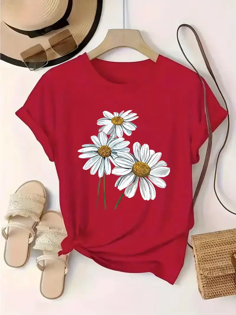 Vintage Watercolor Three White Daisies T-Shirt Wildflower Floral Aesthetic Spring Summer Casual Womens Tops