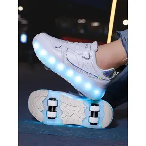 Teenage Girls' Wheel Shoes, Four-Wheel Roller Skates, Medium-Large Size Girl Small Four Wheels, LED Rechargeable Glowing Shoes
