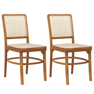 COSTWAY - Set of 2 Boho Dining Chairs Rattan with Teak Wood Structure and Footrests