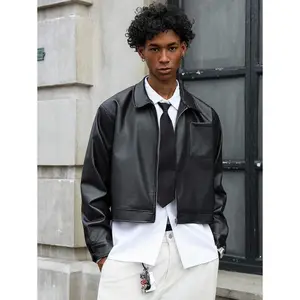 Men's Short Zip-Up Leather Jacket, Black Black Leather Jacket Men Cropped Leather Jacket Men Mens Leather Outerwear Mens Black Leather Jacket Faux Leather Jacket Men Mens Cropped Zip Up Jacket Cropped Faux Leather Jacket Mens Streetwear Jacket Faux Leath