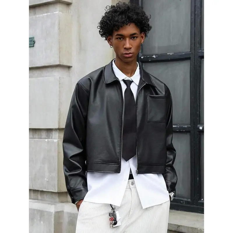 Men's Short Zip-Up Leather Jacket, Black Black Leather Jacket Men Cropped Leather Jacket Men Mens Leather Outerwear Mens Black Leather Jacket Faux Leather Jacket Men Mens Cropped Zip Up Jacket Cropped Faux Leather Jacket Mens Streetwear Jacket Faux Leath