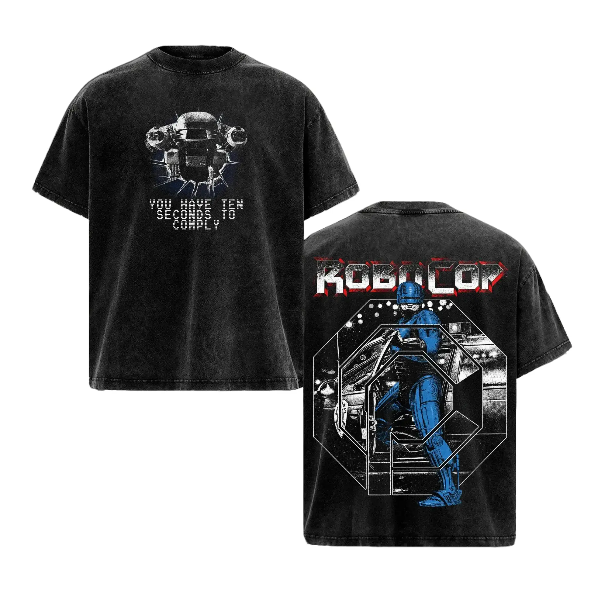 RoboCop Vintage Washed Oversized Graphic T-Shirt Heavyweight Cotton Retro 1987 Sci-Fi Streetwear Unisex Gym Pump Cover Y2K Aesthetic Trendy Cybernetic Police Apparel Classic Movie Merch For Men Casual Edgy Grunge Fit Drop Shoulder Tops Clothing Shirts