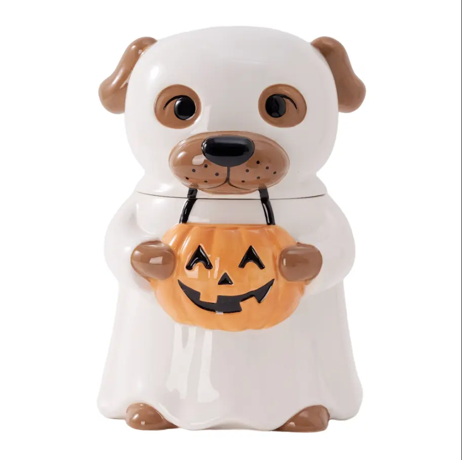 Halloween Ghost Dog Ceramic Cookie Jar, Spooky Candy Treat Storage Canister
