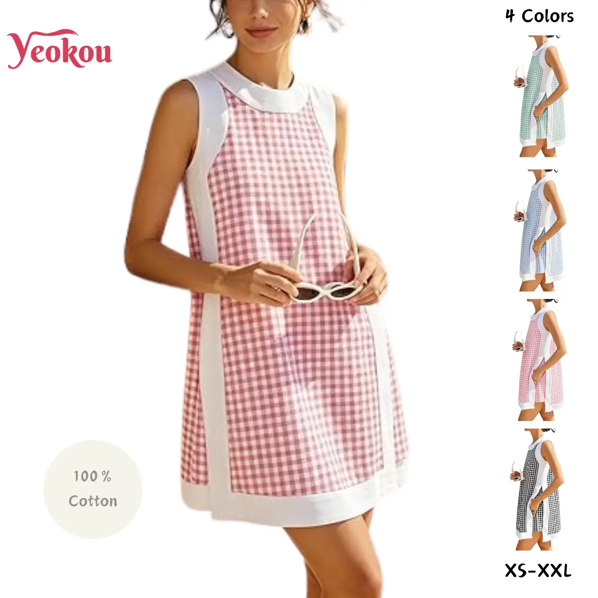 Yeokou Women's Gingham Plaid 2-Piece Casual Set - Lightweight Stretchy Fabric, Round Neck Sleeveless Color Block Pullover Top & Pocketed Shorts, Women's Clothes,summeroutfits,vacationoutfits,bathingsuitwomenset,beachoutfits