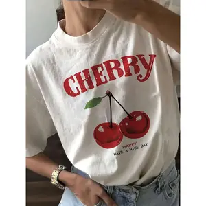 Cherry Happy Have A Nice Day Cotton T-Shirt, Retro Cherry Fruit Graphic Tee, Vintage Aesthetic Casual Shirt for Women, Summer Lovers