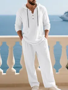 Men's Trendy Linen Hooded Two-Piece Set, Casual Vacation Style, Loose Fit Breathable Fabric, Hoodie & Wide-Leg Pants, Spring & Fall Wear
