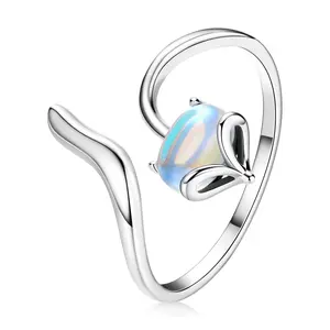 Presentski 925 Sterling Silver Moonlight Stone Fox Open Ring Fashion Personalized Oxidized Inlaid Moonlight Stone Adjustable Ring