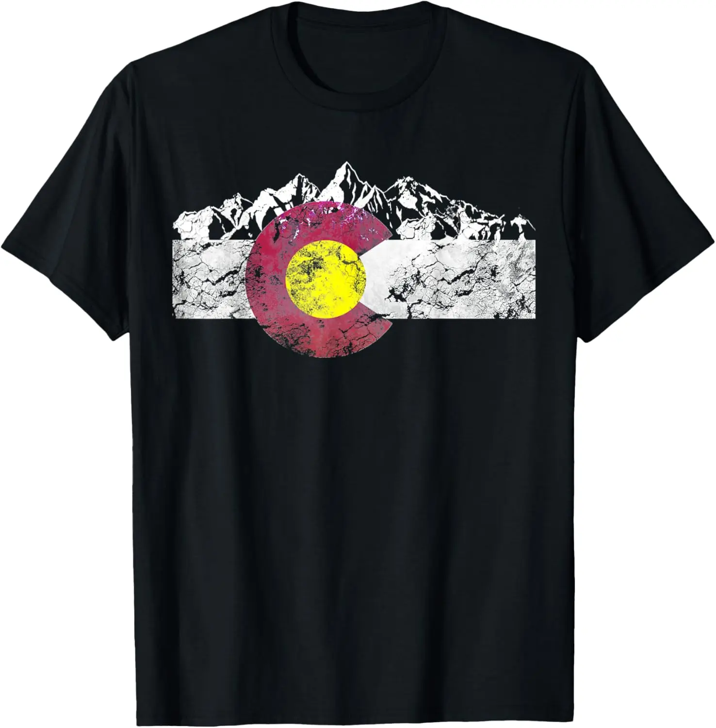 Women's 100% Cotton Short-Sleeve Round Neck Colorado Flag Mountains Retro Vintage Distressed Graphic Tshirt - Casual Streetwear Clothes, Plus-Size Everyday Top