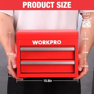 WORKPRO Metal Mini Tool Box, Top Tool Chest containing Two Drawers with Ball Bearing Slides, PVC Drawer Liners and PP Feet Pads, Durable Cold Rolled Steel Small Toolbox for Multi-Purpose Storage