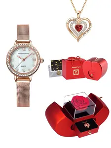 Women's Elegant Rose Gold Watch & Jewelry Set, Including Round Dial Wristwatch & Heart Shaped Pendant Necklace & Ring & Earrings, Trendy Exquisite Watch Set for Gift, Jewellery Gift Set