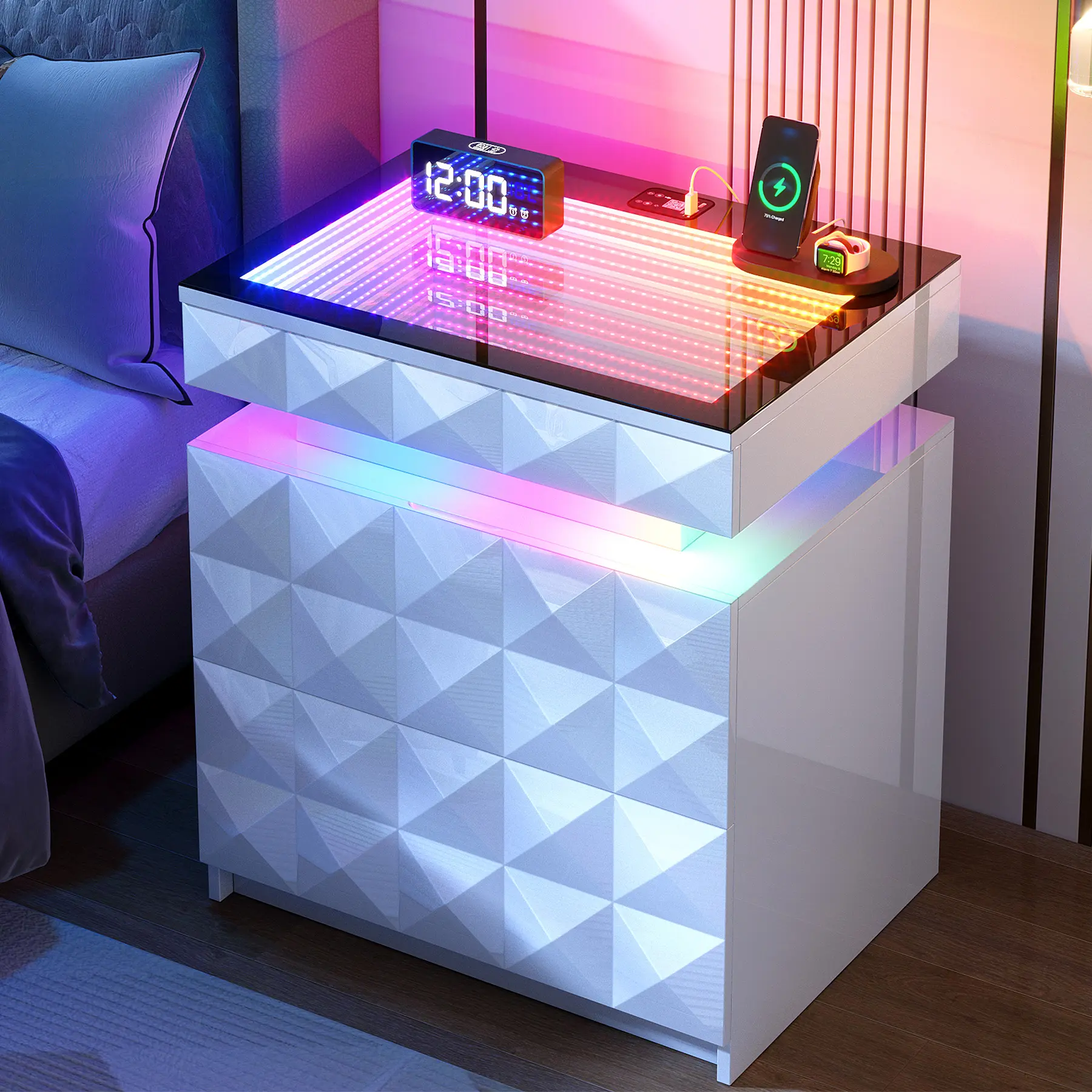 FREDEES  Nightstand with Charging Station and RGB Lights, LED Nightstand with Tempered Glass and Sliding Top, 3 Drawers Bedside Table with Hidden Storage, Lockable End Side Table for Bedroom, Assembled Bedside Tables