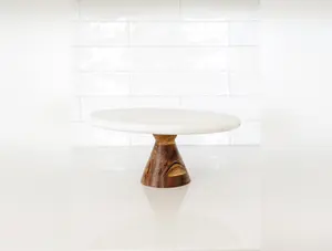 Marble Pedestal with Acacia Wood Base