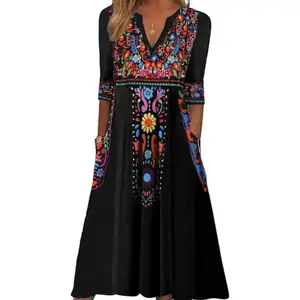 Women’s Fall Mexican Dress, 3/4 Sleeve V-Neck Floral Embroidered Print Maxi Dress with Two Pockets