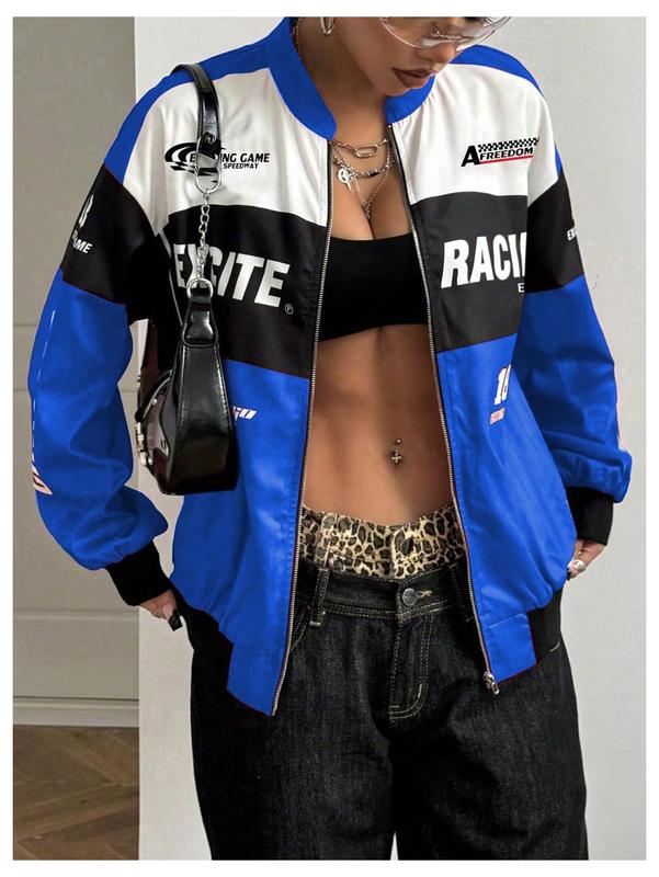 Spring Bomber Jacket Long Sleeve Zip Up Racing Jackets Color Block Y2k Outerwear Vintage Streetwear