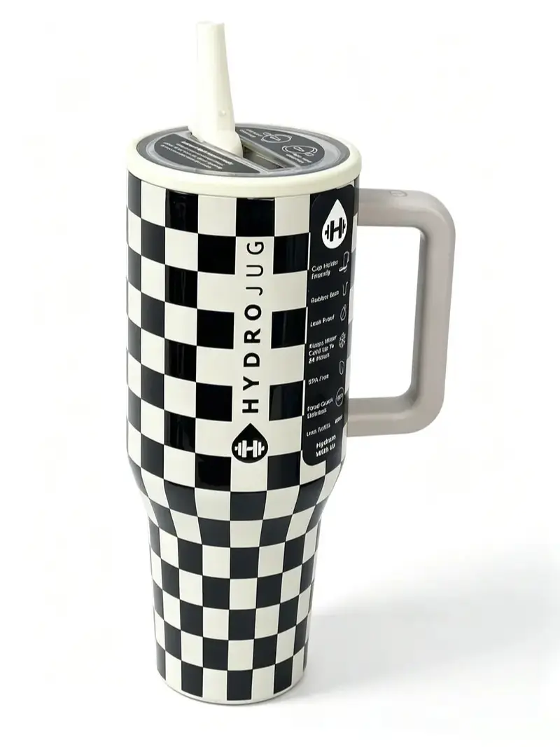 HydroJug 40oz Vacuum-Insulated Portable Stylish Tumbler Flask - Black & White Checkered, Leak-Proof Screw-Top Lid, Straw Lid, Convenient Carry Handle, Efficient Insulation, Hot-Cold Retention, Ideal for Commuting, Workouts