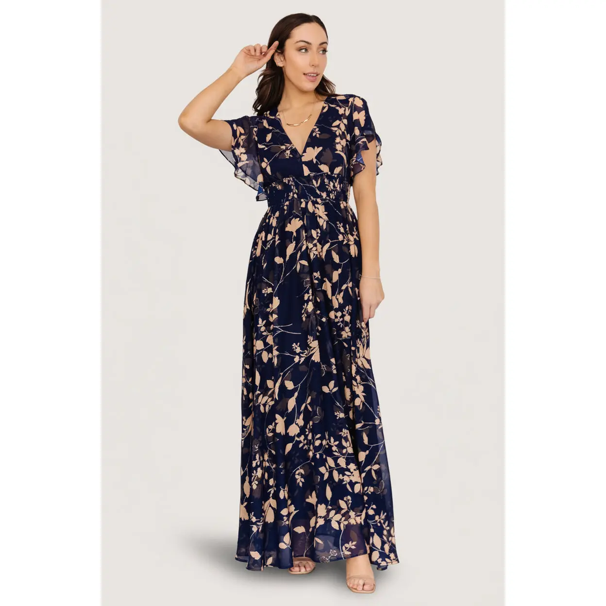 Women's Metallic Sheer Chiffon Maternity Maxi Dress - Navy, Elastic, Formal, Elegant, Casual Evening Engagement Womenswear