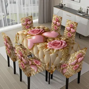 5/7-piece 2D Flat Printing Pink Gold Heart Rose Decoration Printing Pattern Tablecloth and Chair Cover Set, for dining table and chair decoration, perfect for home, holiday gatherings, restaurants, and parties.