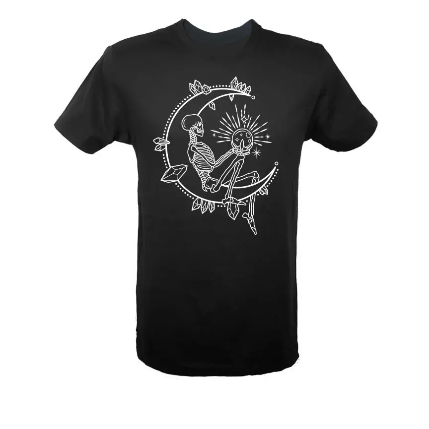 Skeleton Moon Child Black Unisex Garment Tee - Cotton Jersey Infused with Moonstone & Labradorite Crystals