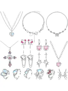 15Pcs Grunge Gothic Necklace Jewelry Set Y2k Star Moonstone Necklace Irregular Agate Heart Butterfly Pink Crystal Cross Pendant Necklace Earrings Y2k Rings Silver Natural Moonstone Indie Punk Coquette Stacking Rings for Women