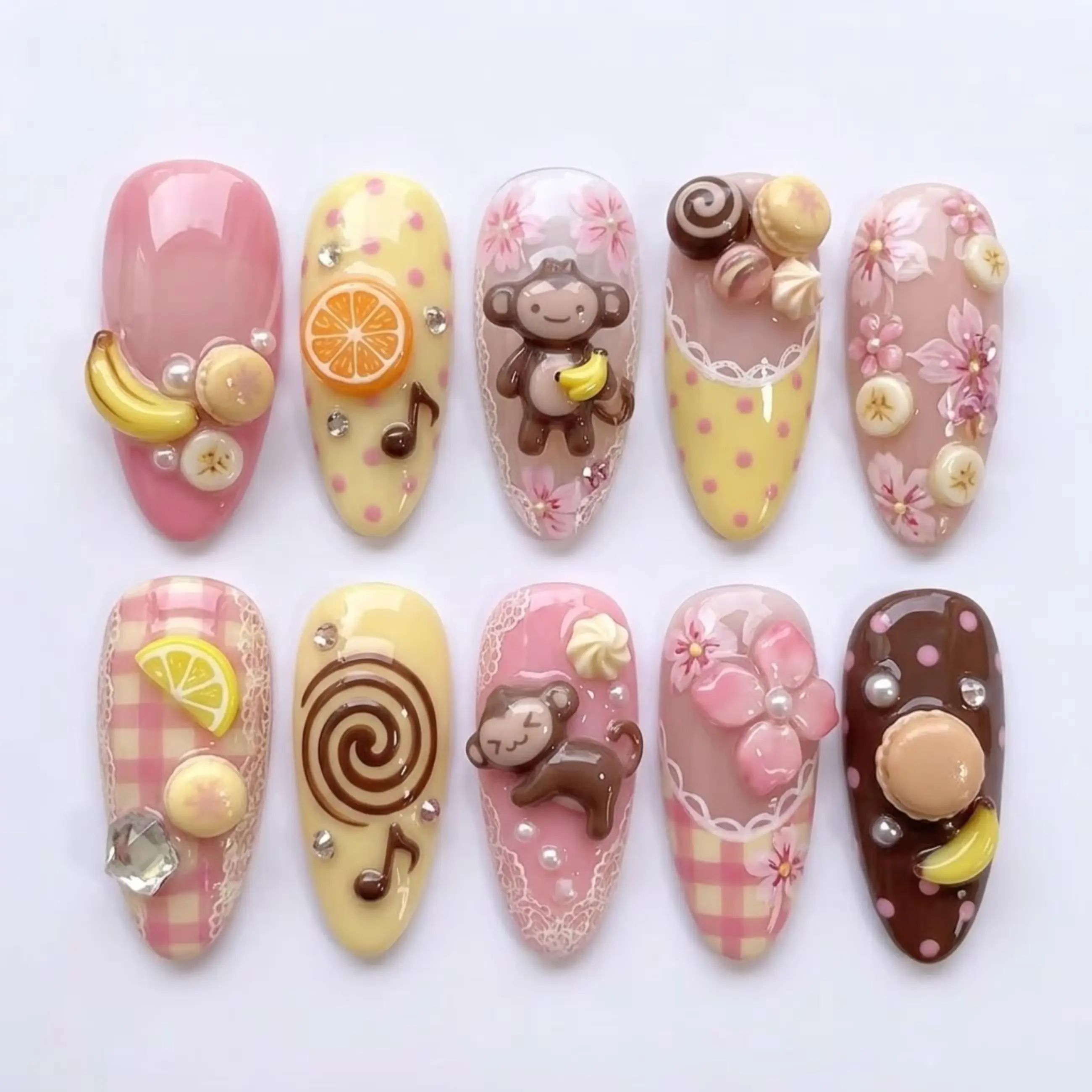 Kawaii Monkey Press On Nails, Cute Banana Dessert Nails, Pink Yellow 3D Macaron Cherry Blossom Plaid Nail Art Set