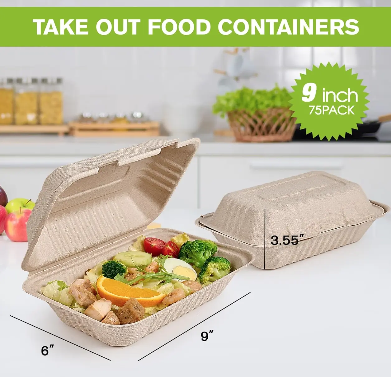 Sugarcane by Harvest Sugarfiber 75 Count 9 X 6" Disposable Bagasse Eco-Friendly Natural Takeout to Go Box with Heavy-Duty Hinged Closure