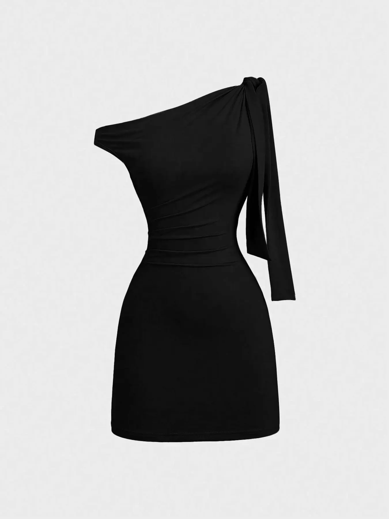 Women's Asymmetrical One Shoulder Mini Bodycon Dress, Side Ruched Detail, Self-tie Waist Fastening, Form-fitting Cut, Stretchy Fabric, For Night Out & Cocktail Occasions
