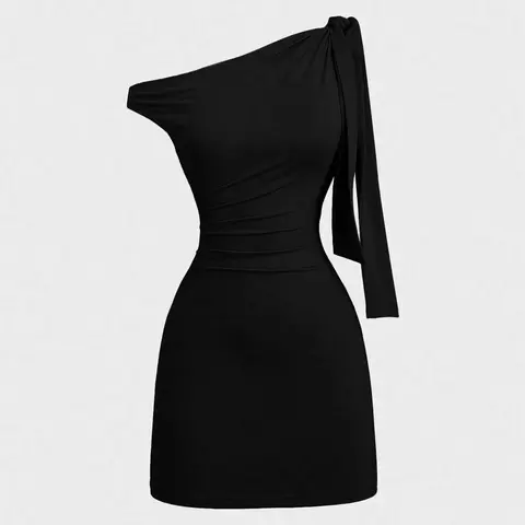 Women's One Shoulder Slim Ruched Chic Mini Dress, Tie Detail, Sexy Party Club Night Out Wear, No Necklace Included