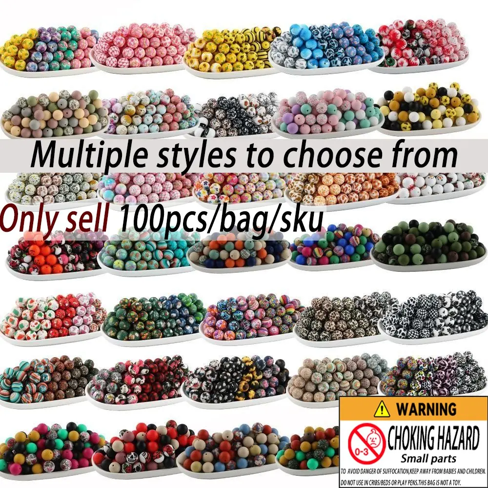 100pcs Christmas Halloween Silicone Printed Beads Set, Bead Assortment, 15mm Round Beads for Keychains Pendants DIY Jewelry Making Crafts, for Beading Making Diy Mix Beads, Diy Beading Accessories, Diy Craft Embellishments, Beads And Accessories